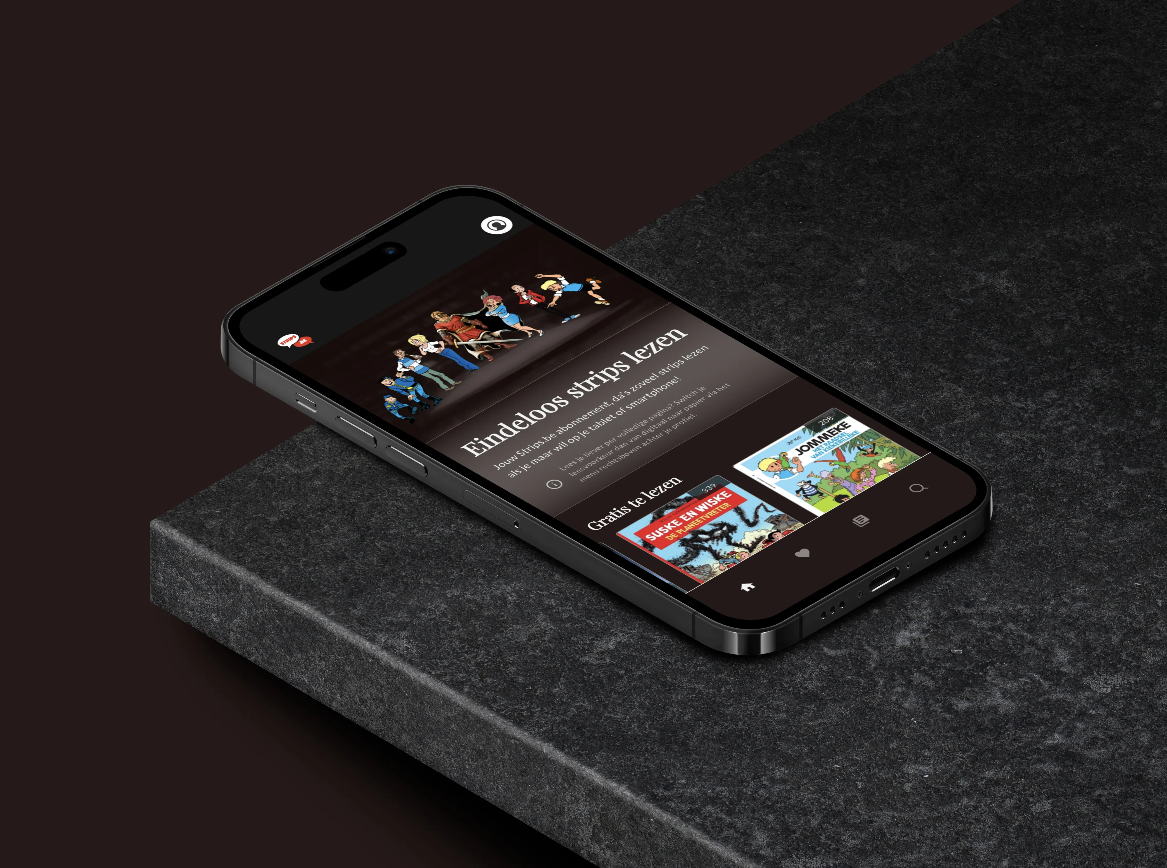 Strips.be mobile app on dark background