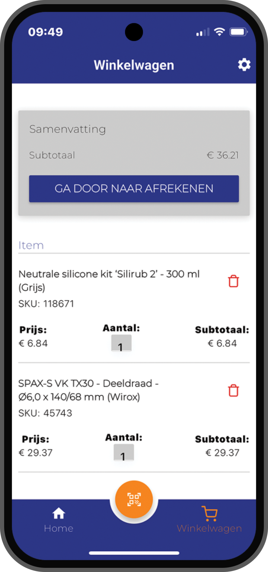 Santens app shopping cart screen