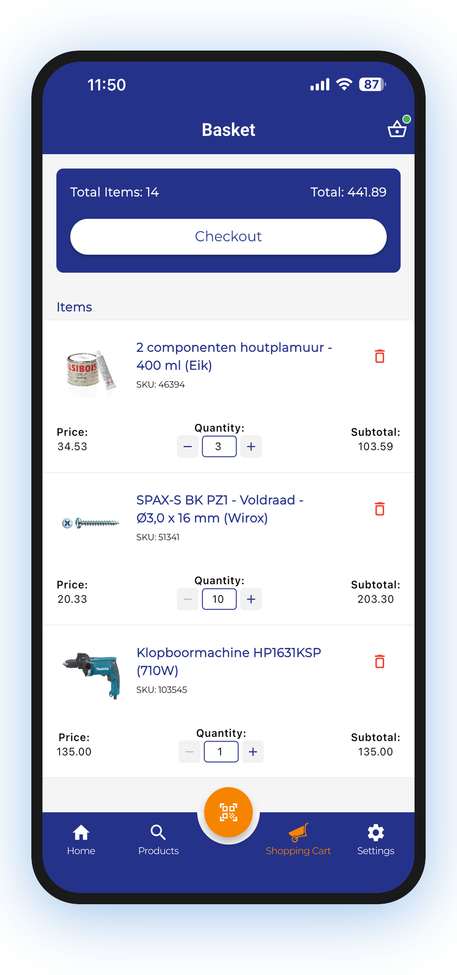 Santens app shopping cart screen