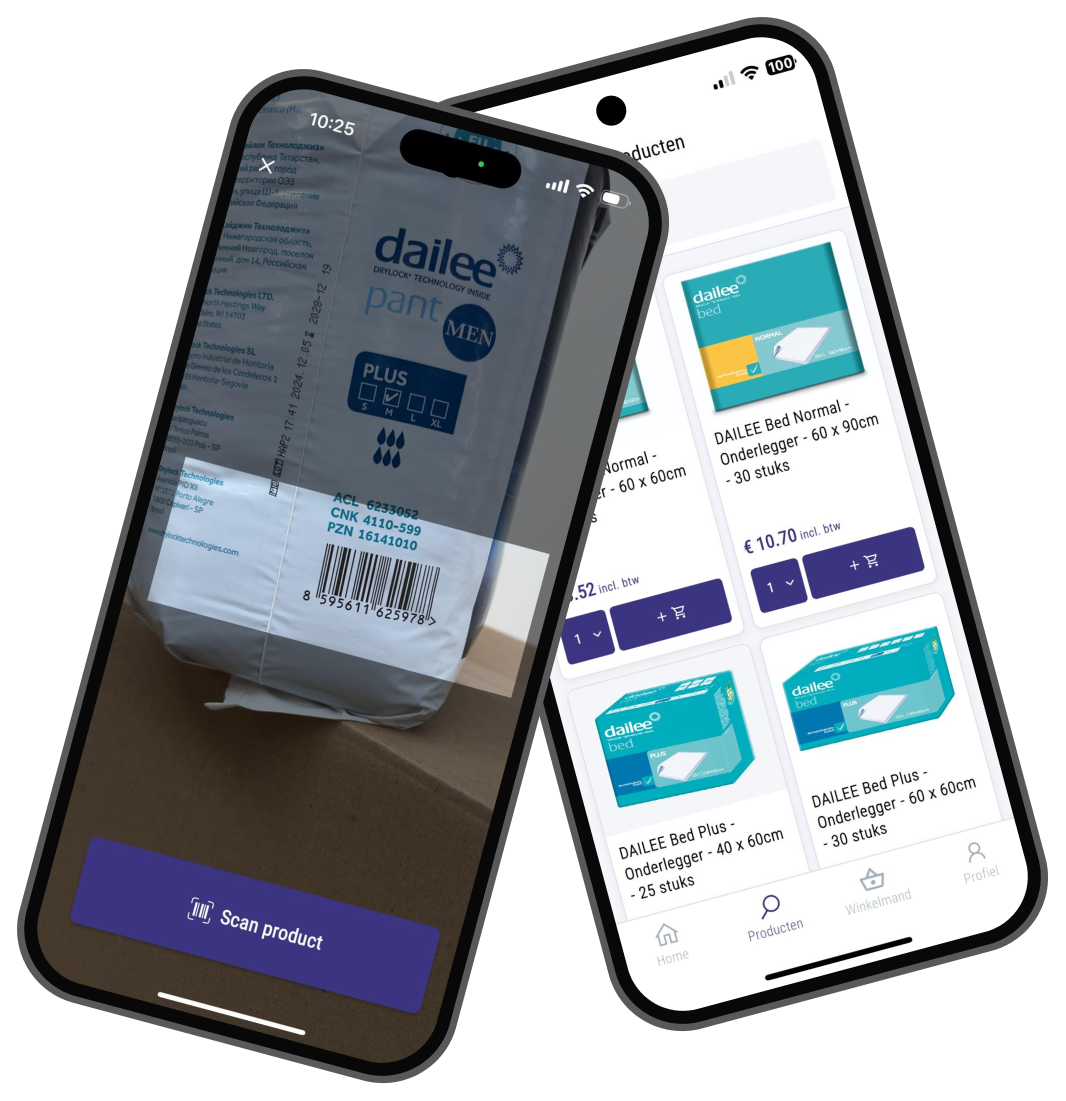 Deforce Medical app on two phones displaying patient selection and barcode scanning workflow