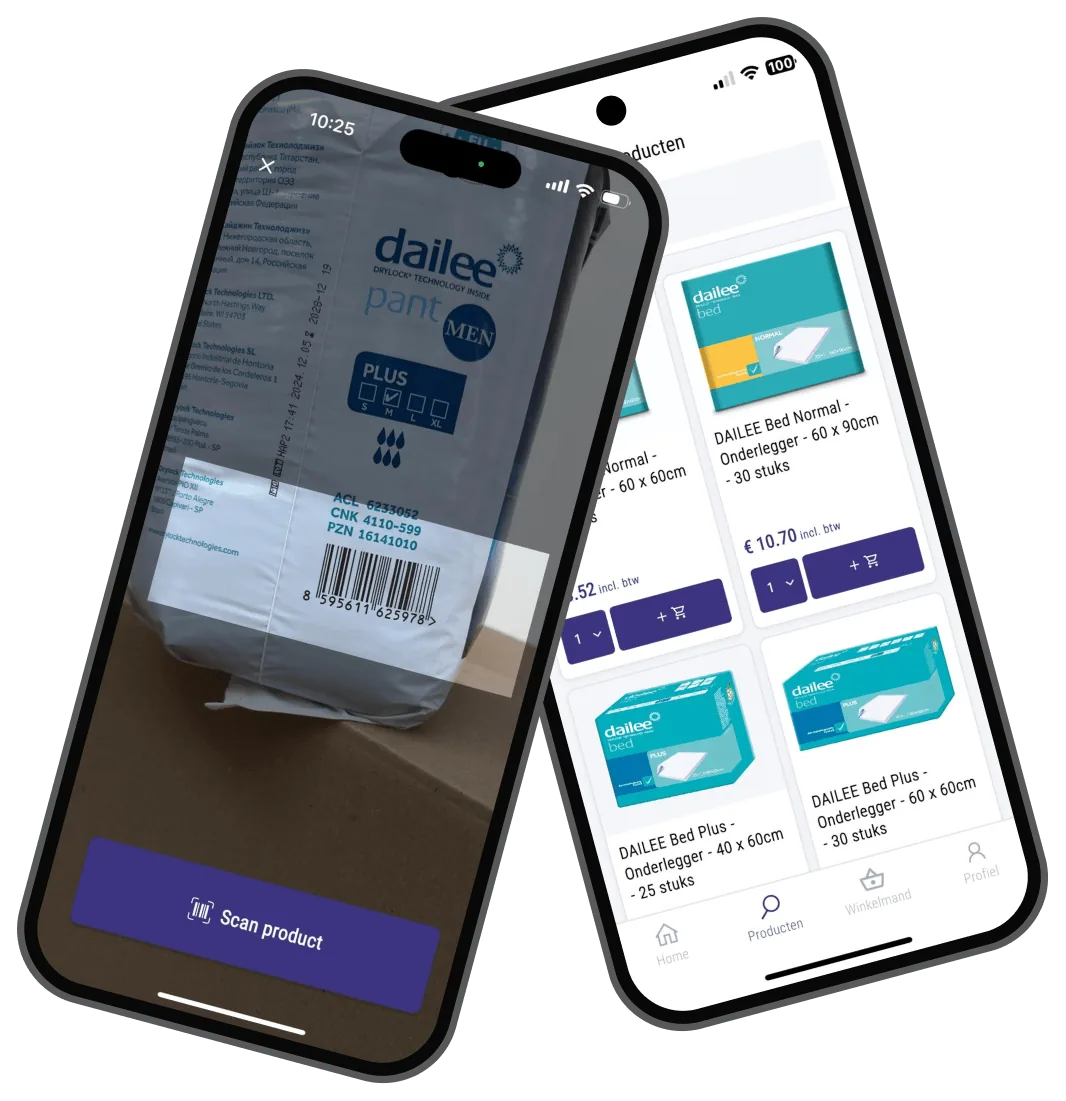 Deforce Medical app on two phones displaying patient selection and barcode scanning workflow