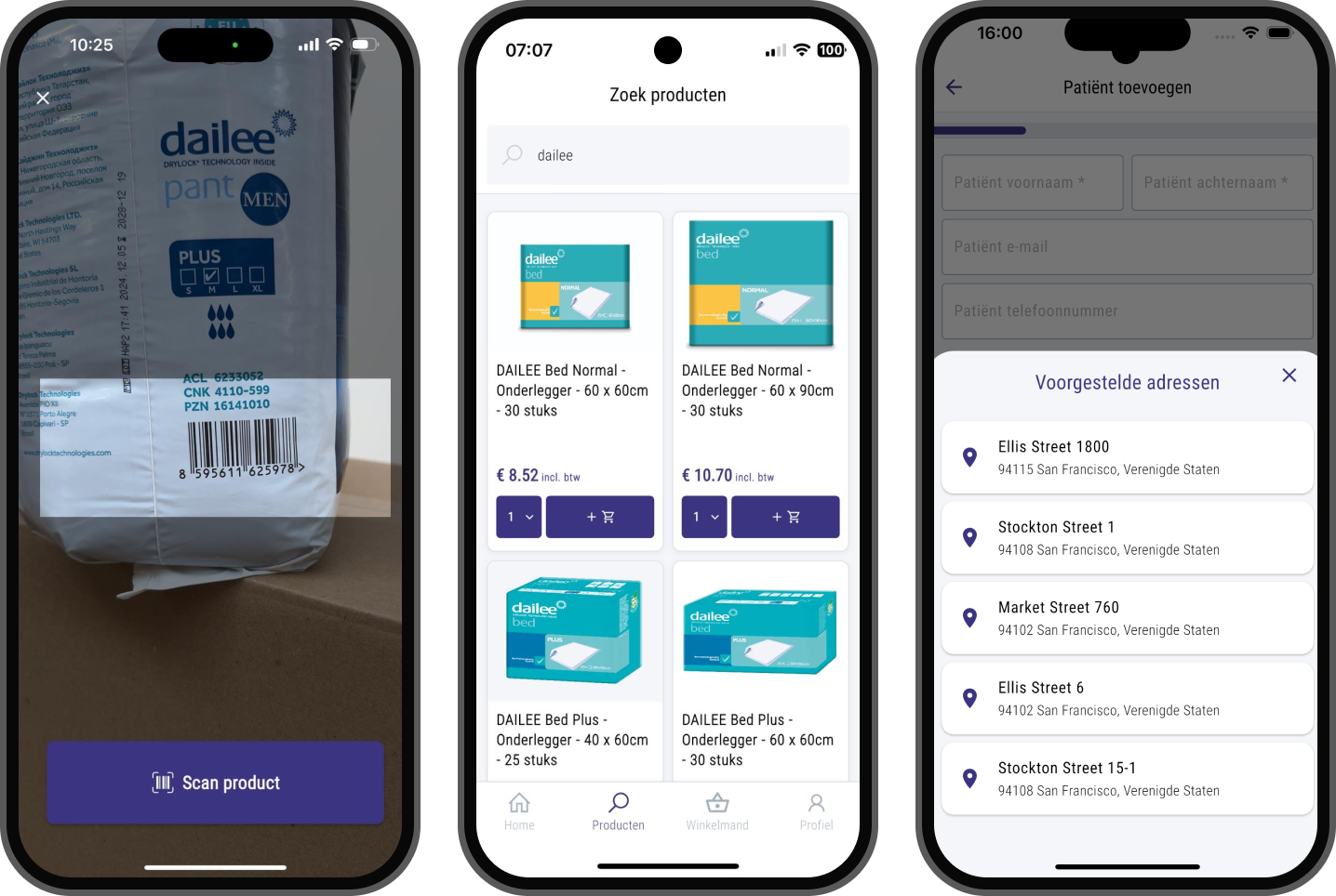 Deforce Medical app on three phones showing barcode scanning, product catalog, and patient management