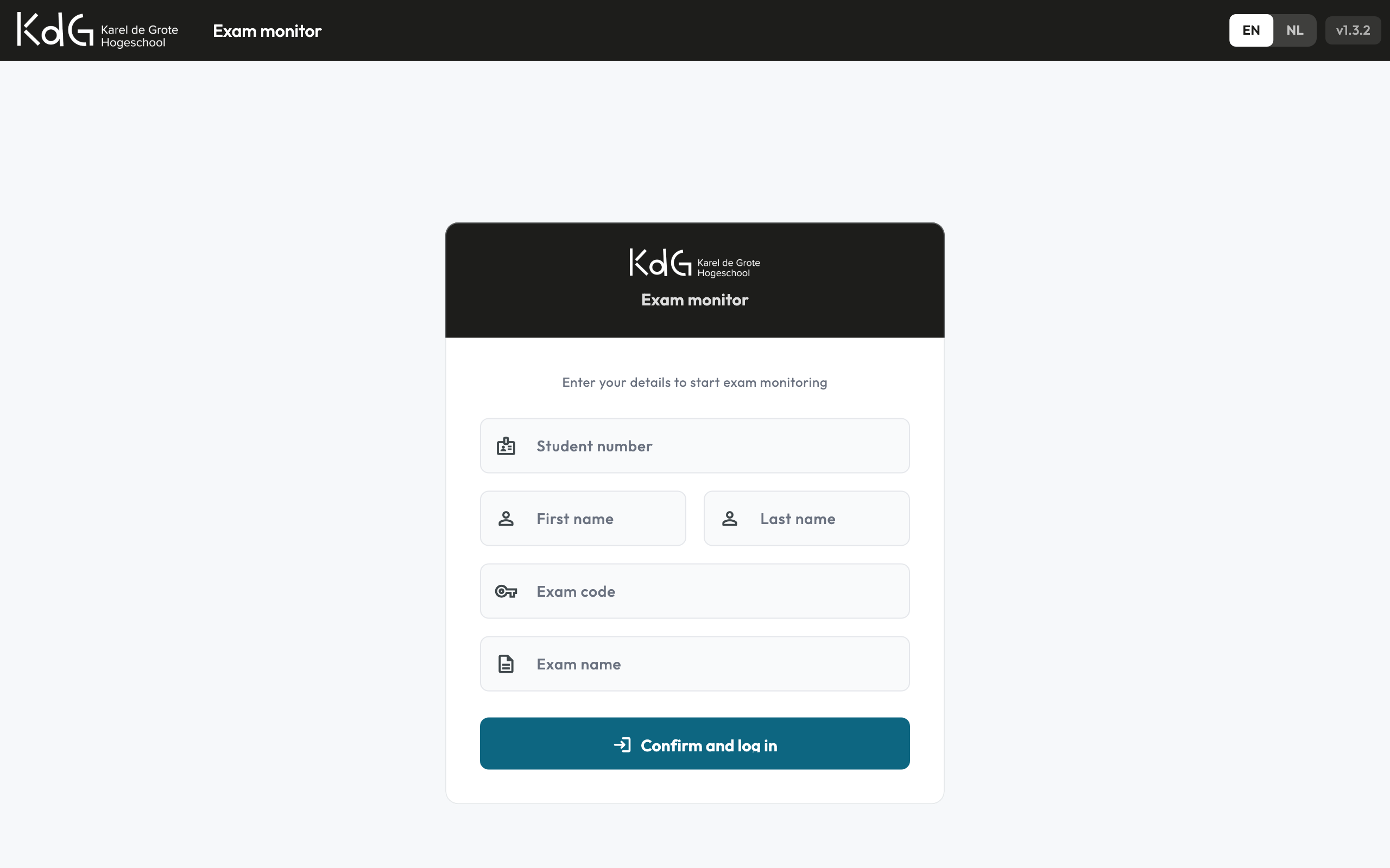 Exam monitoring tool login screen with student number, name, and exam code fields