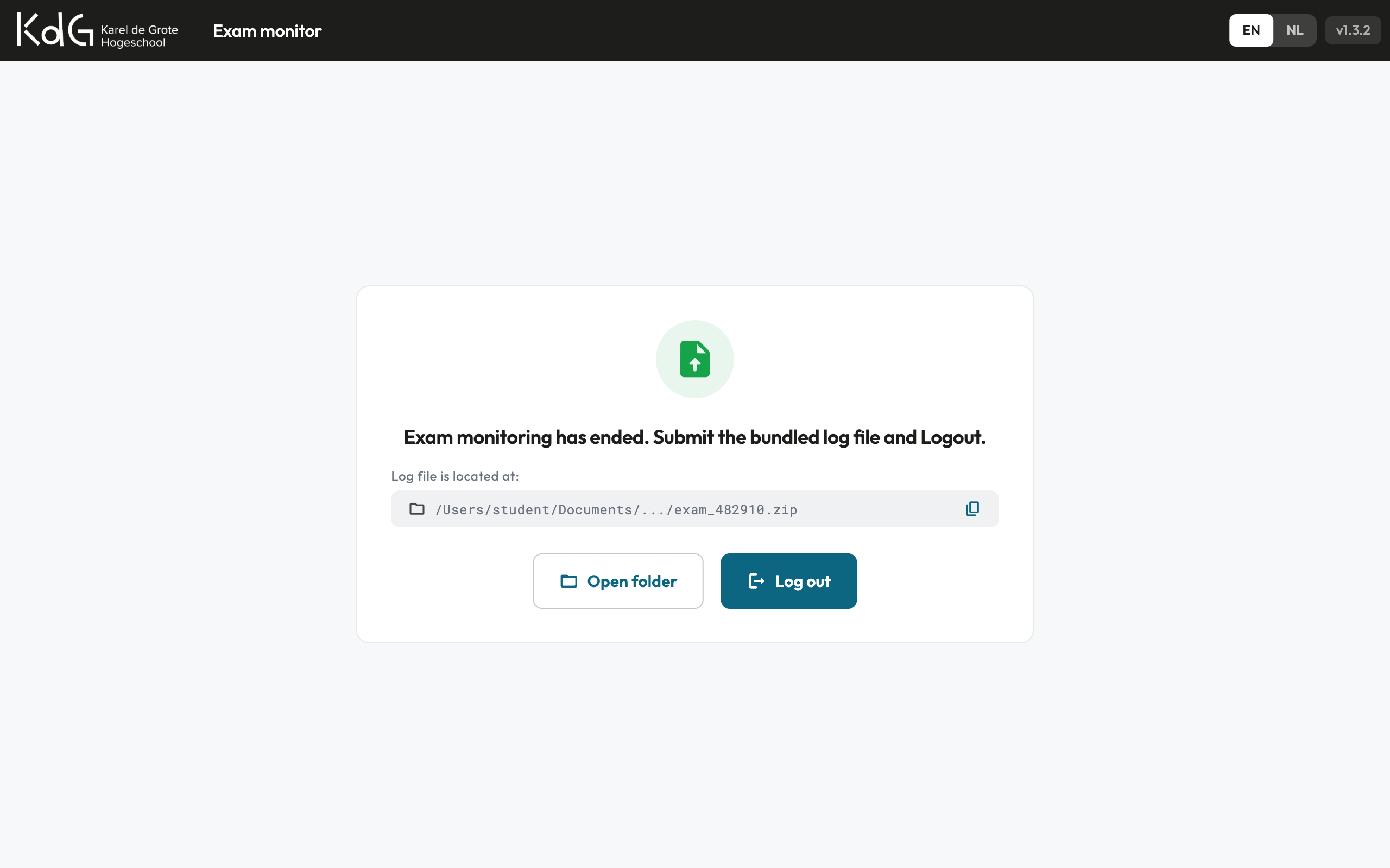 Exam monitoring tool log upload screen for submitting encrypted exam logs