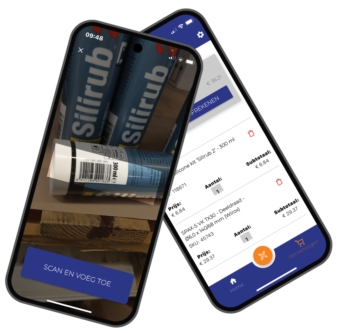 Santens app showing barcode scanning and shopping cart on two phones