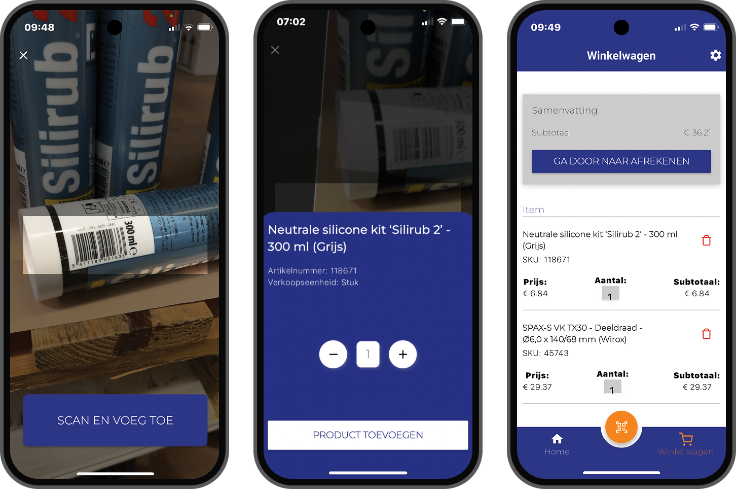 Santens Scan 2 Order app showing barcode scanning, product catalog, and basket