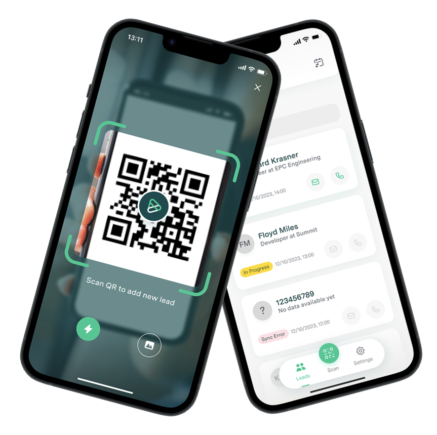 Summit Lead app showing QR code scanning and lead management on two phones