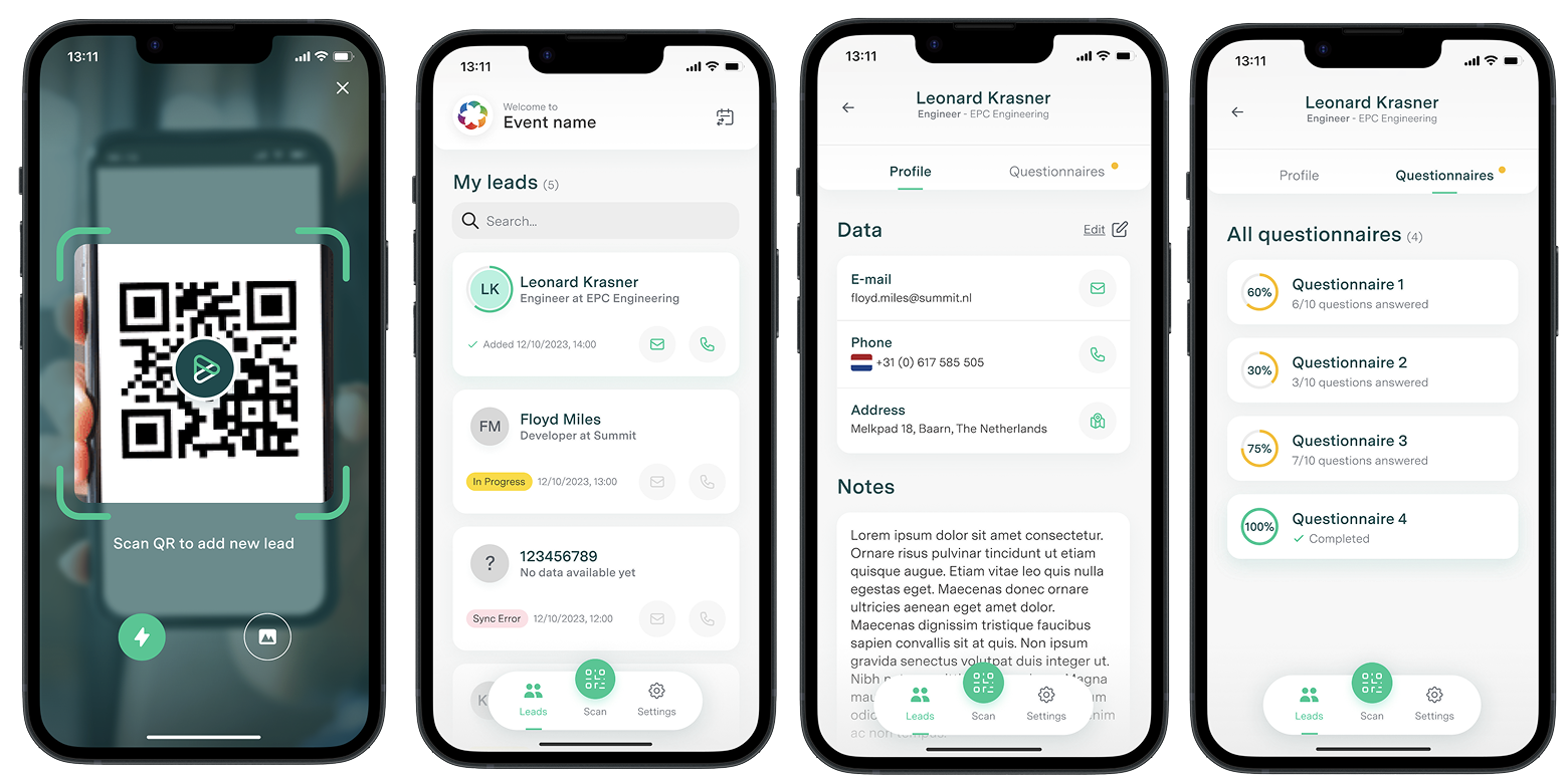 Summit Lead app showing QR scanning, lead list, profile details, and questionnaires