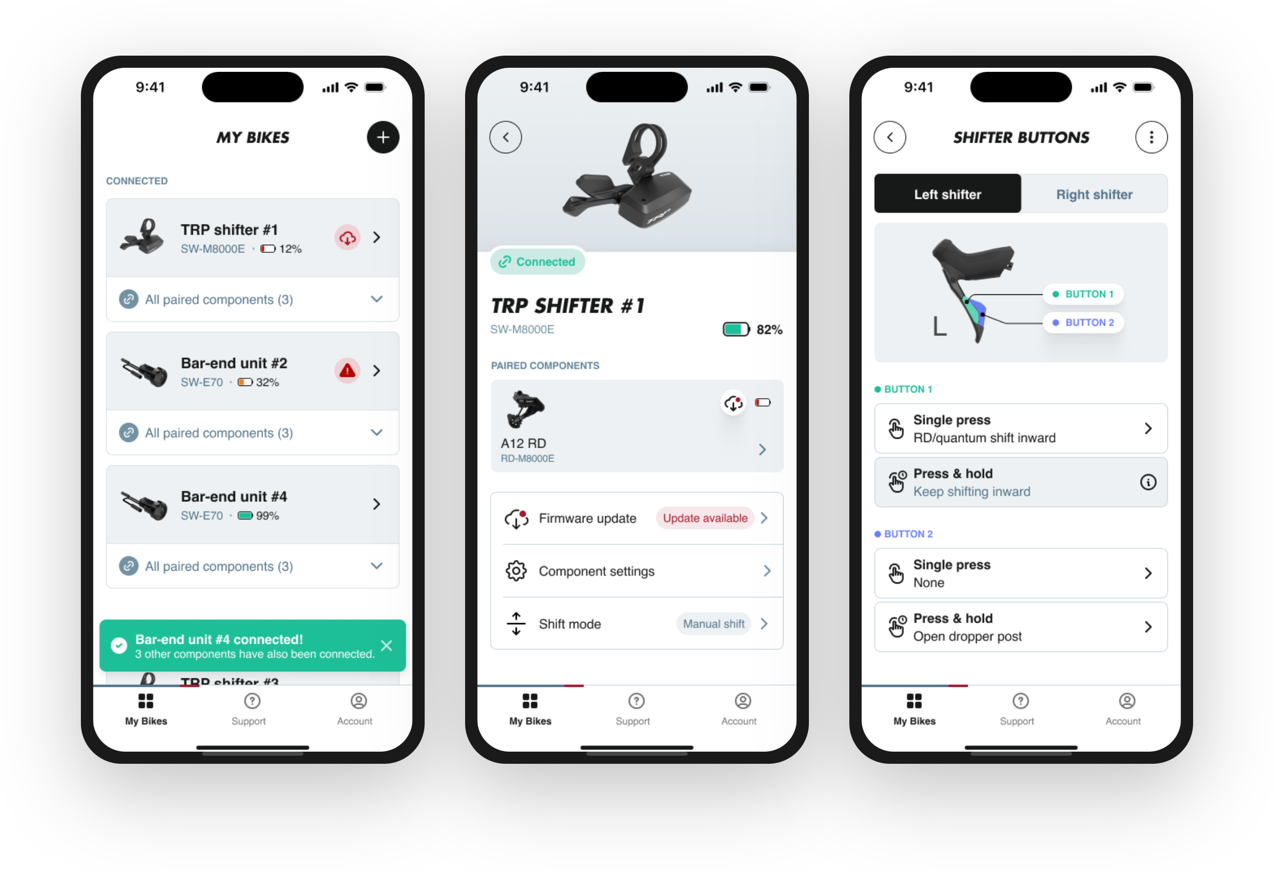 TRP CMD app showing My Bikes dashboard, shift mode settings, and shifter button customization