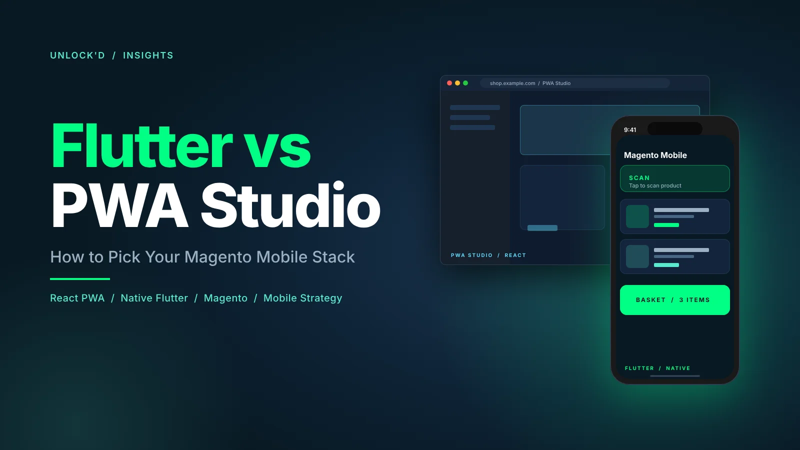 Magento PWA Studio and Flutter side by side: React storefront on a phone next to a native Flutter app